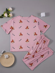 Fox Print Pajama Set Short Sleeve Top & Pants Women's Sleepwear