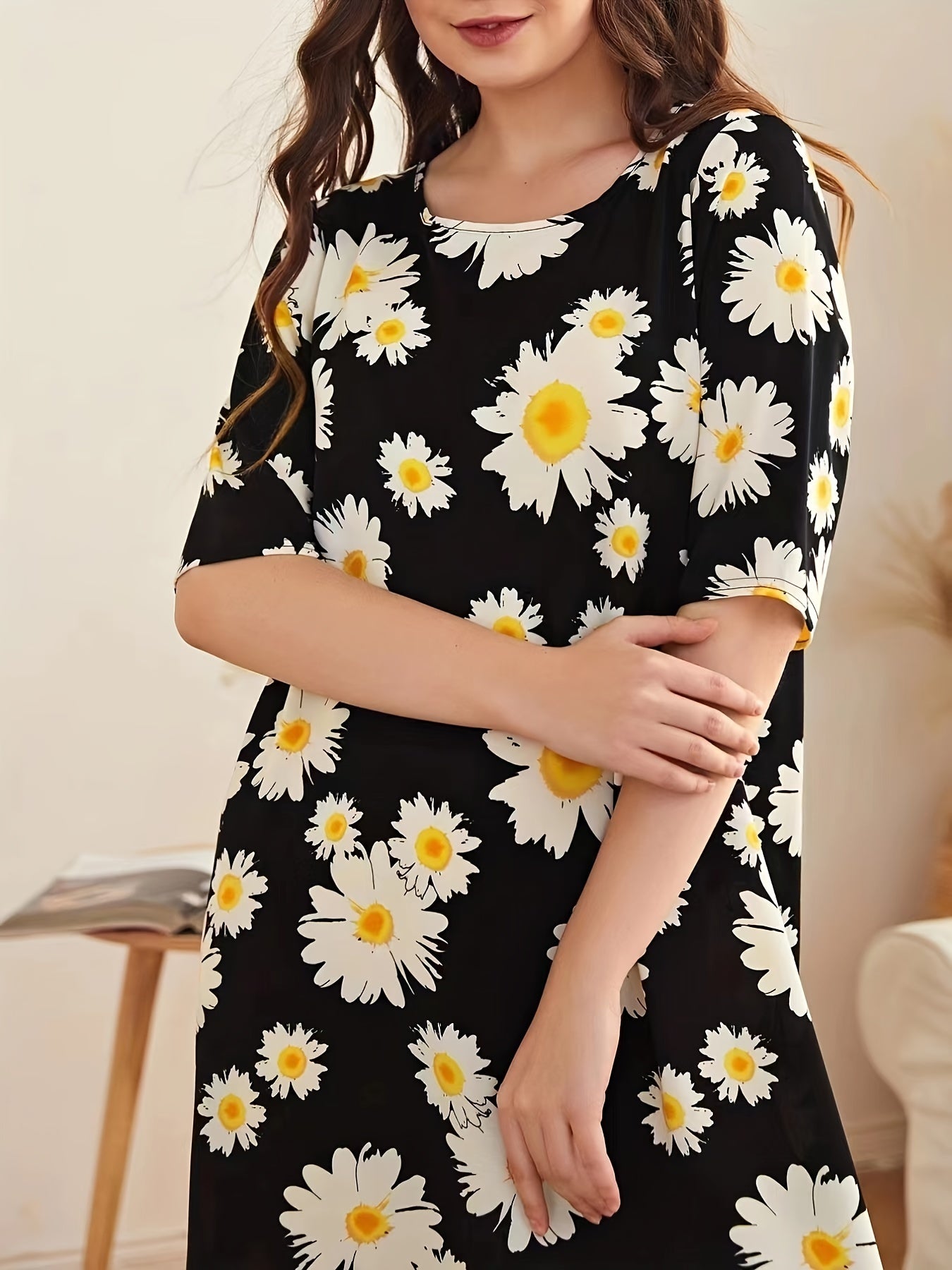 Flower Print NightDress Short Sleeve Pajama Dress Women's Sleepwear