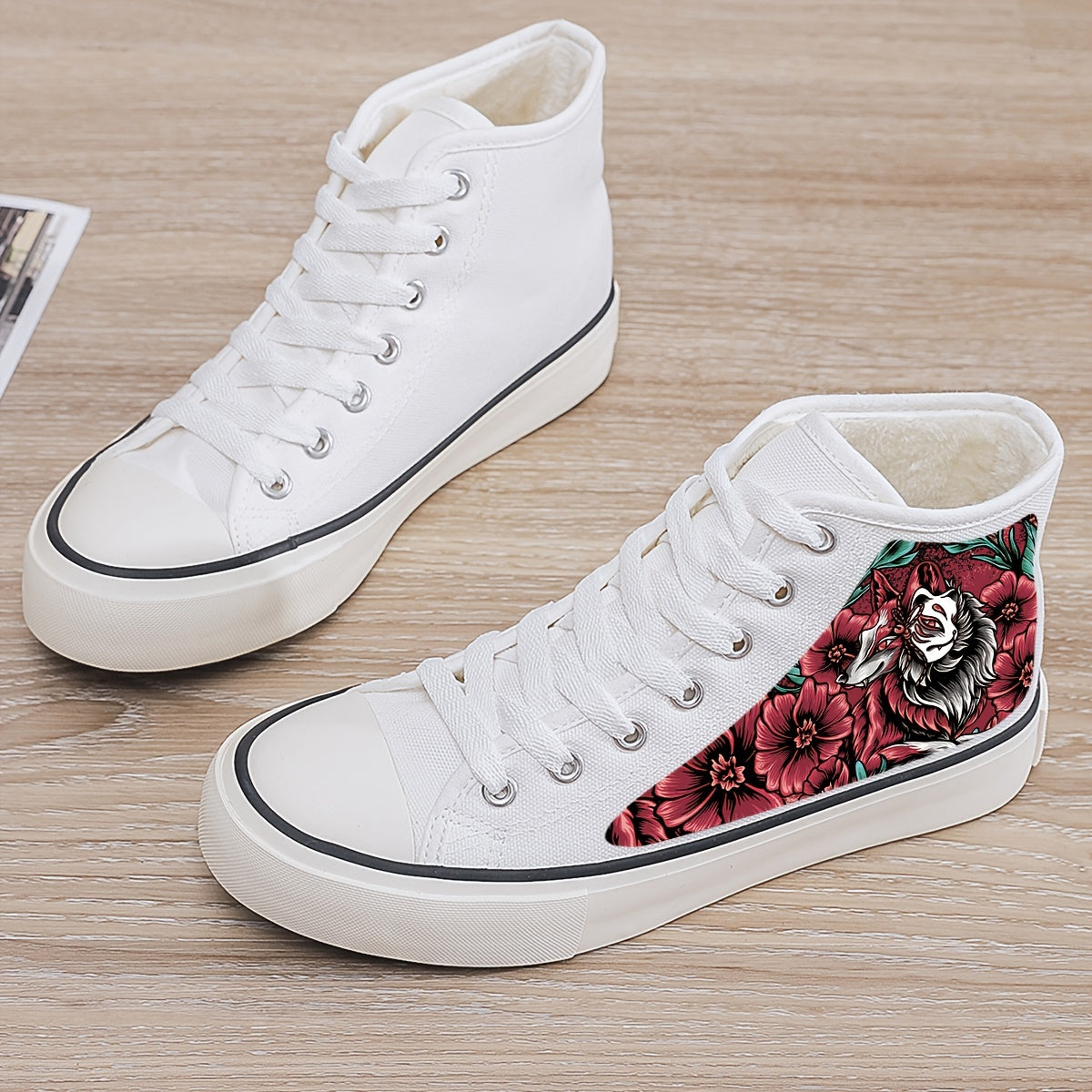 Flower Print Plush Lined Thermal Chunky Canvas Sneakers