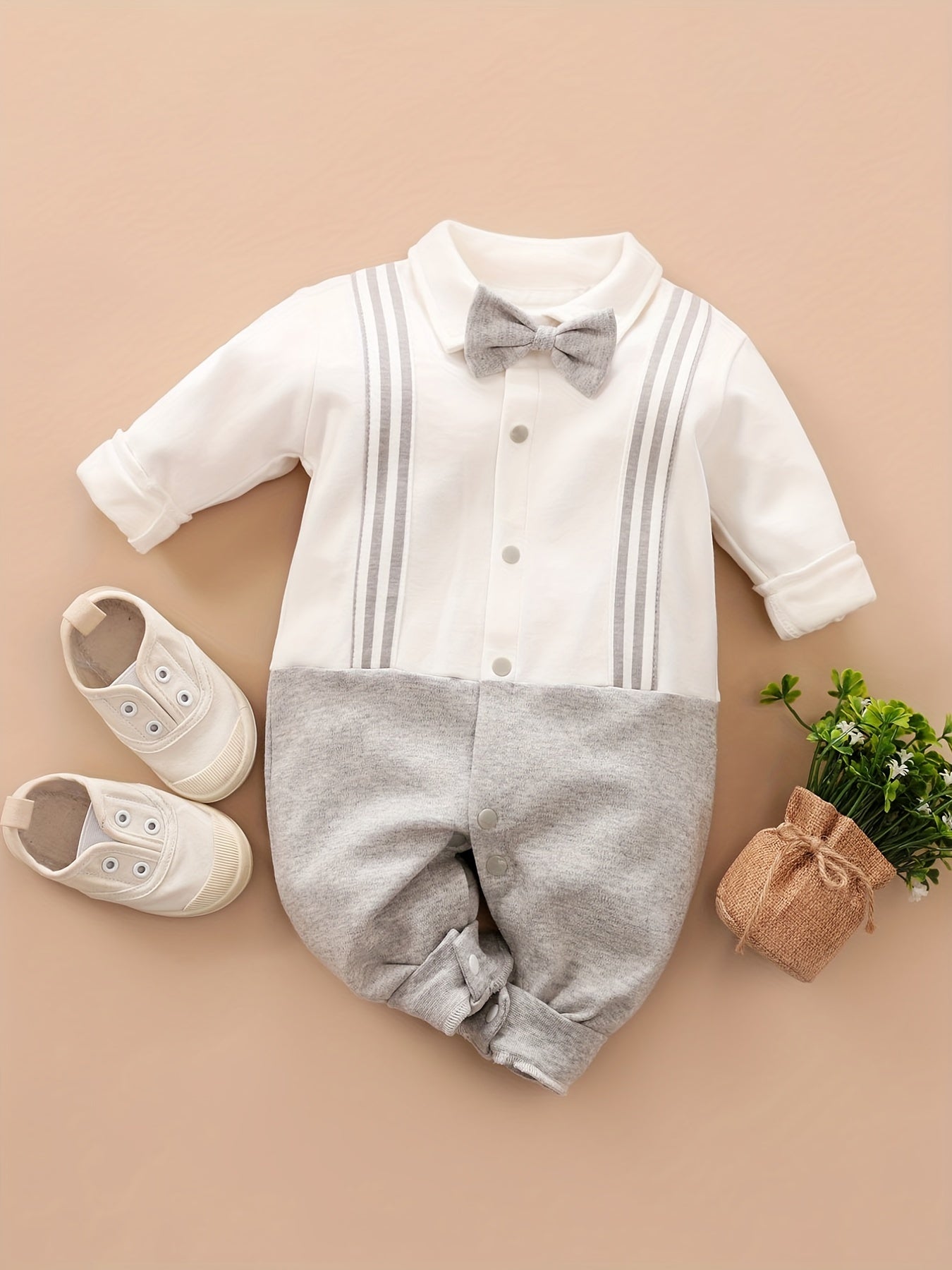 Newborn Infant Cotton Gentleman Romper Long Sleeve Bowtie Jumpsuit