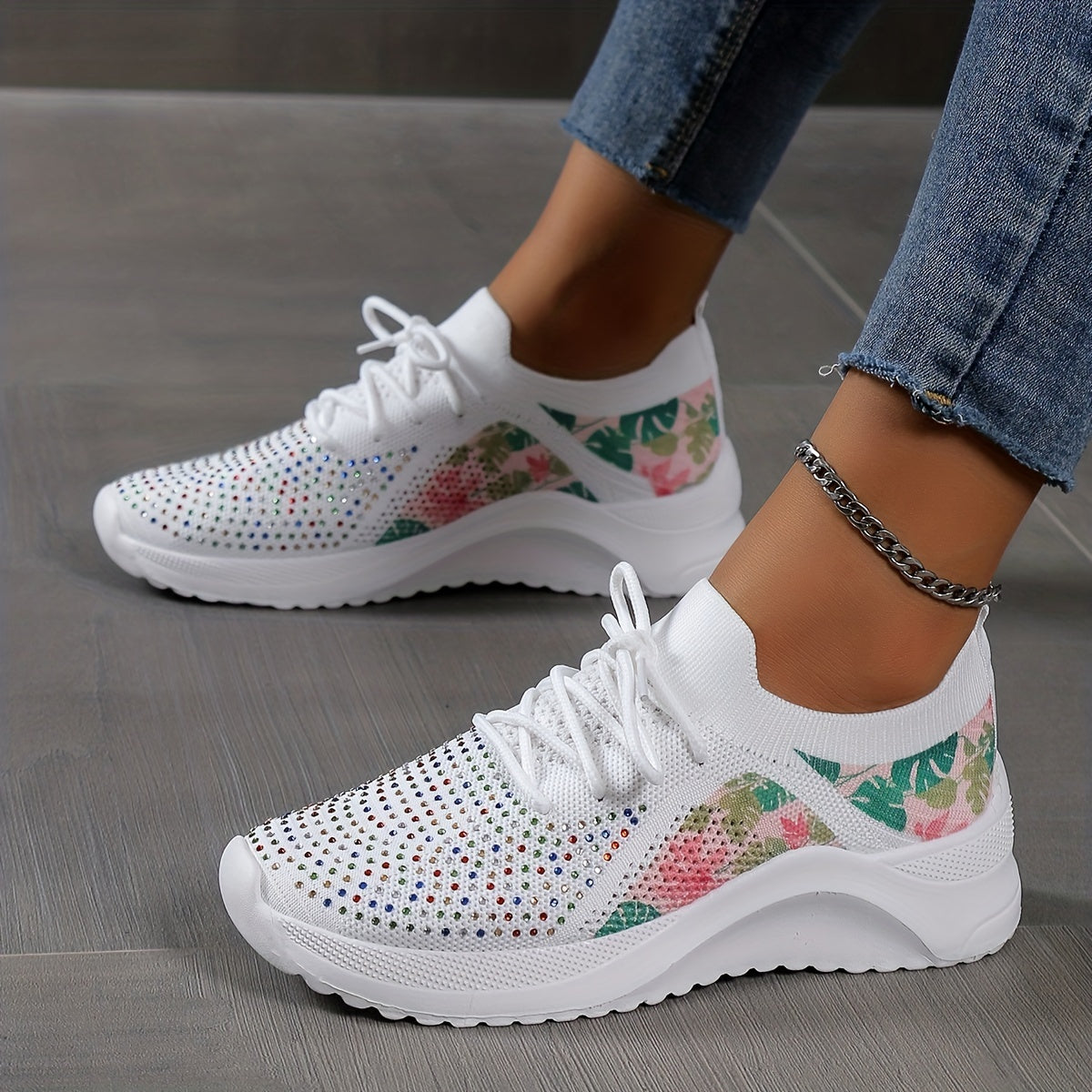 Women's Rhinestone & Leaf Decor Sneakers Lace Up Low Round Toe