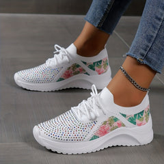 Women's Rhinestone & Leaf Decor Sneakers Lace Up Low Round Toe