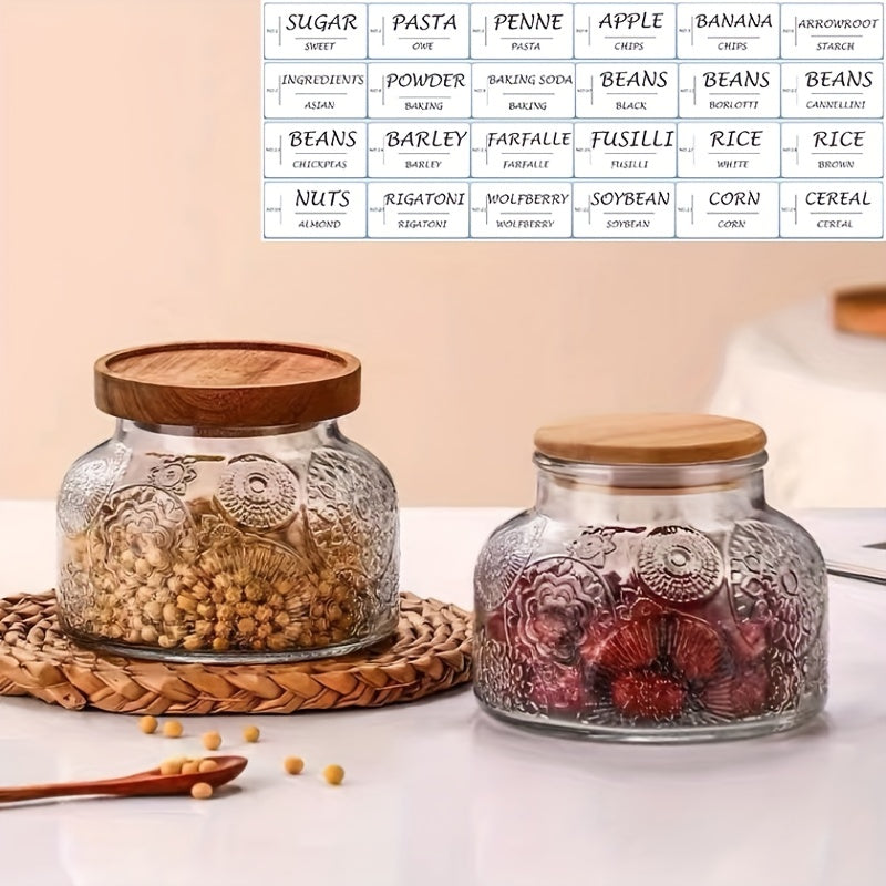 2pcs Vintage Sunflower Wave Glass Storage Jar 24 Labels Snacks Candy Grains