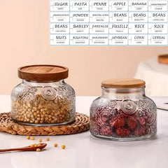 2pcs Vintage Sunflower Wave Glass Storage Jar 24 Labels Snacks Candy Grains