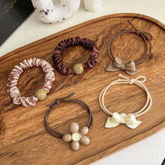 7pcs Bear Head Elastic Rubber Band Girls Bow Tie Hair Tie Coffee Hair Elastic
