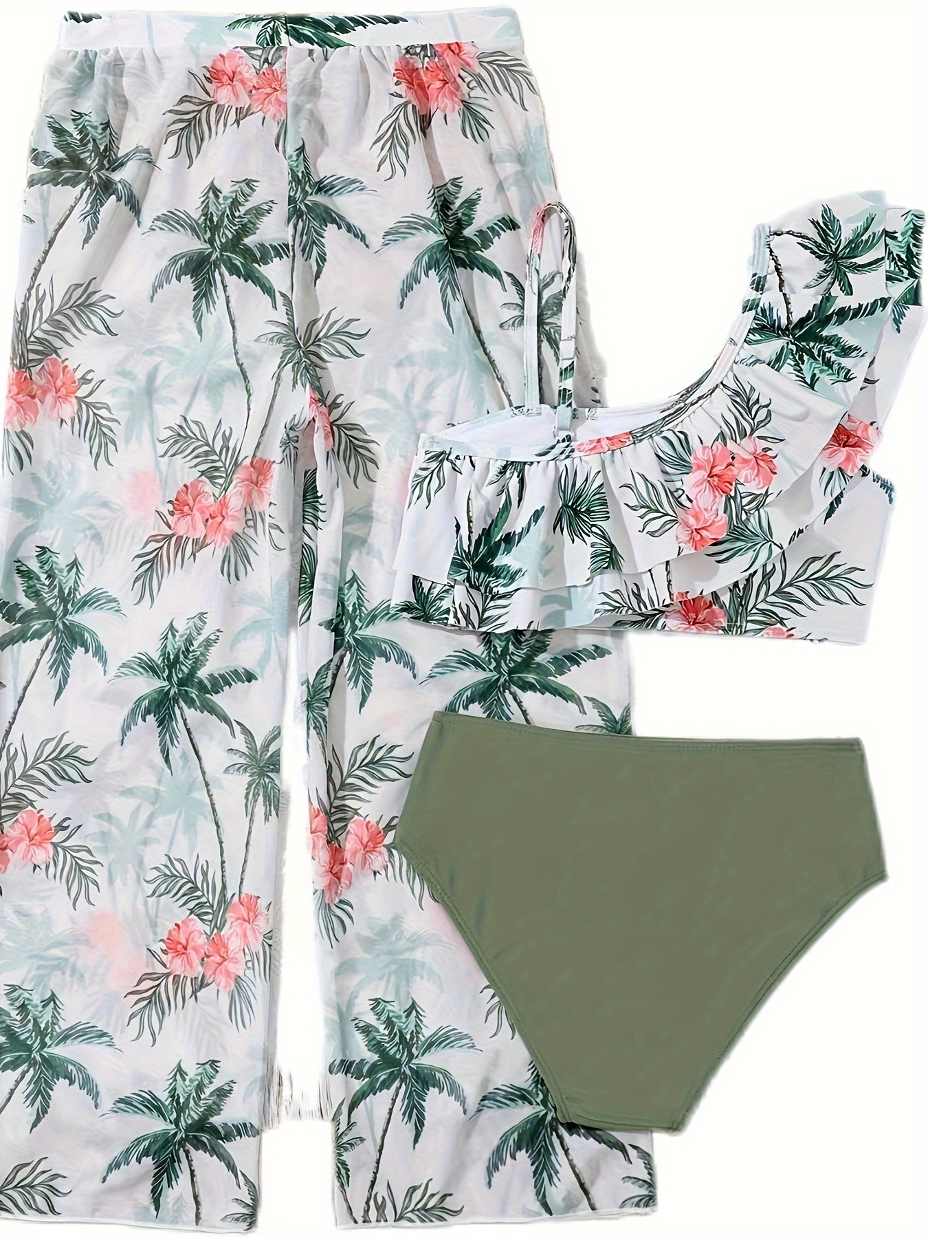 Girls Coconut Tree & Flower Print Swimwear Set