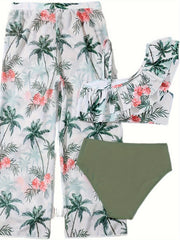 Girls Coconut Tree & Flower Print Swimwear Set