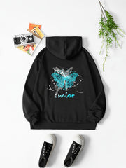 Butterfly & Letter Print Hooded Shirt Casual Sweatshirt