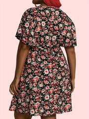 Rose Print Short Sleeve V Neck Dress