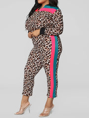 Leopard Print Zip Up Jacket & Pants Set Plus Size Casual Bodycon 2pcs Set