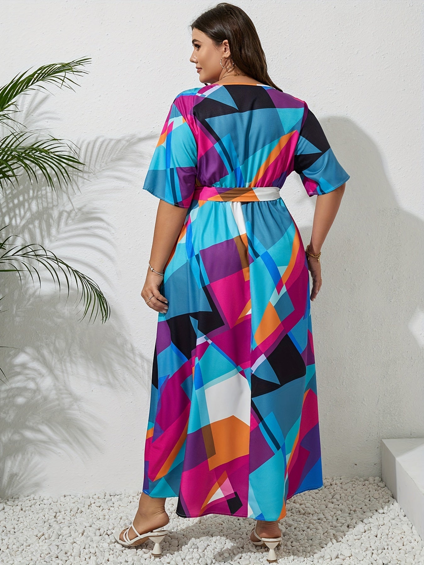 Casual Colorblock Geometric Print Maxi Dress With Belt
