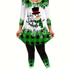 Women's Plus Size Christmas Outfit Set - Gingham & Snowman Print Top