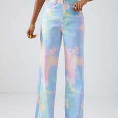 Tie Dye Straight Jeans Raw Cut Loose Fit Denim Pants