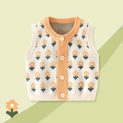 Infant Floral Print Vest Baby V Neck Button Down Knitted Sweater
