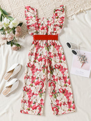 Girls Bow Floral Print Ruffle Sleeve Rompers