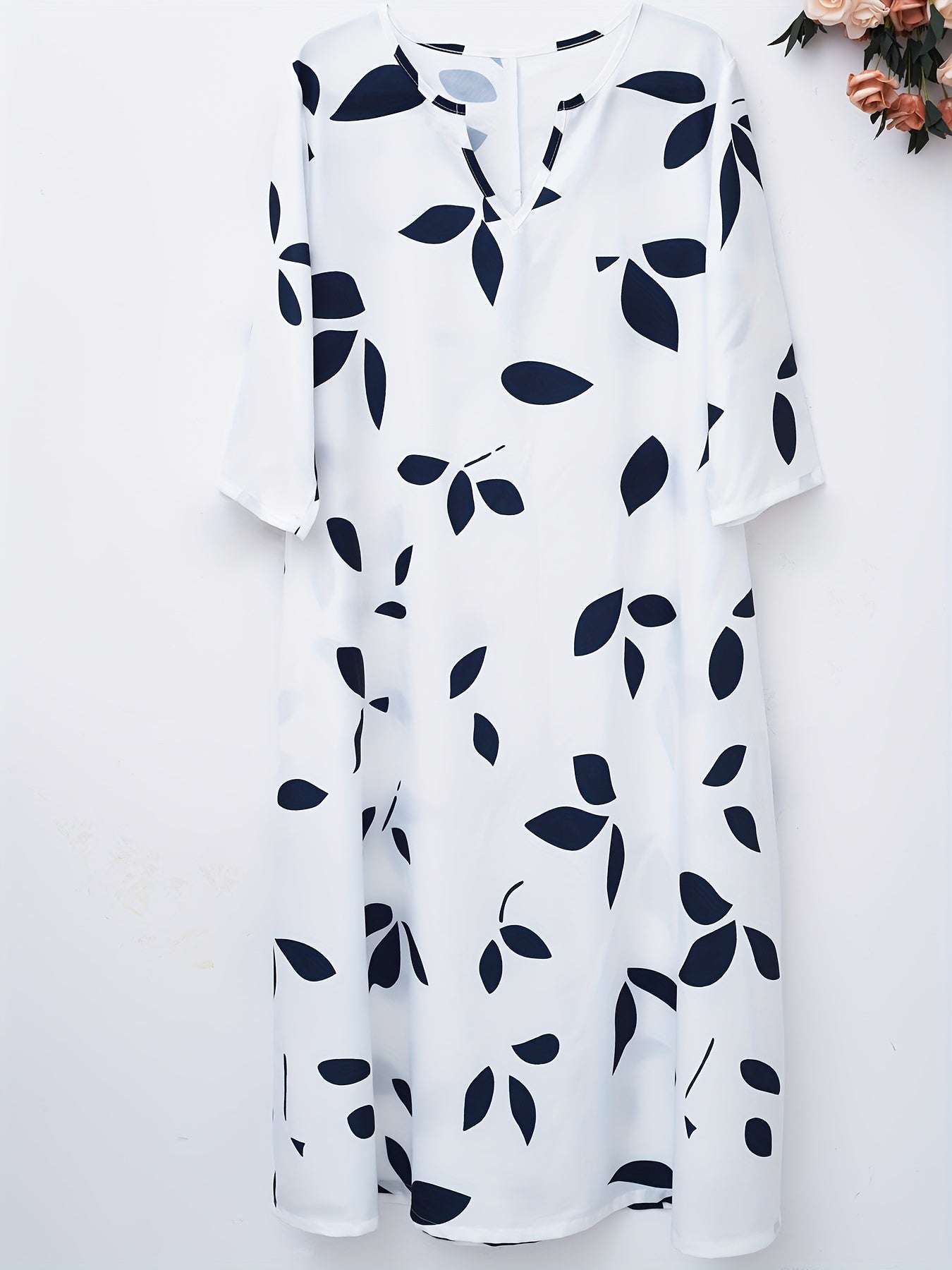 Leaf Print Three Quarter Sleeve Loose Fit Dress