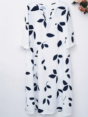Leaf Print Three Quarter Sleeve Loose Fit Dress