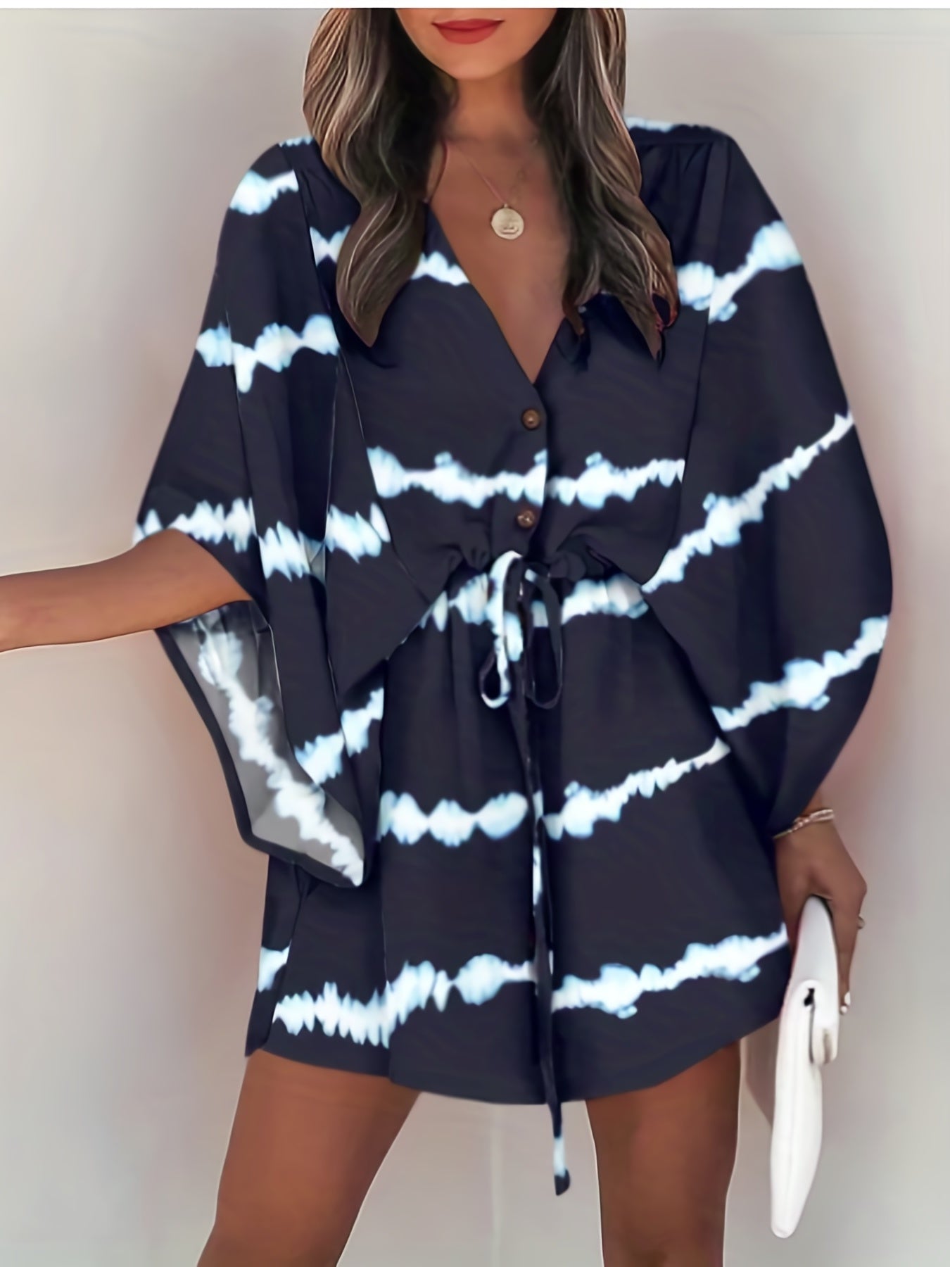 Bell Sleeve Button Dress V Neck Drawstring Casual