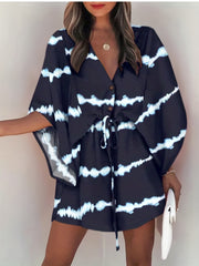 Bell Sleeve Button Dress V Neck Drawstring Casual