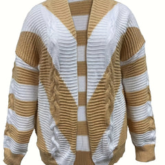 Casual Cardigan Women's Plus Stripe Long Sleeve Open Front Knit