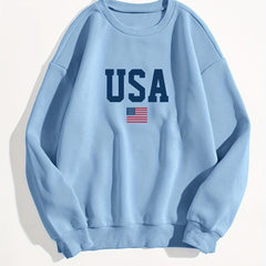 American Flag Print Sweatshirt Crew Neck Long Sleeve Women's Clothing