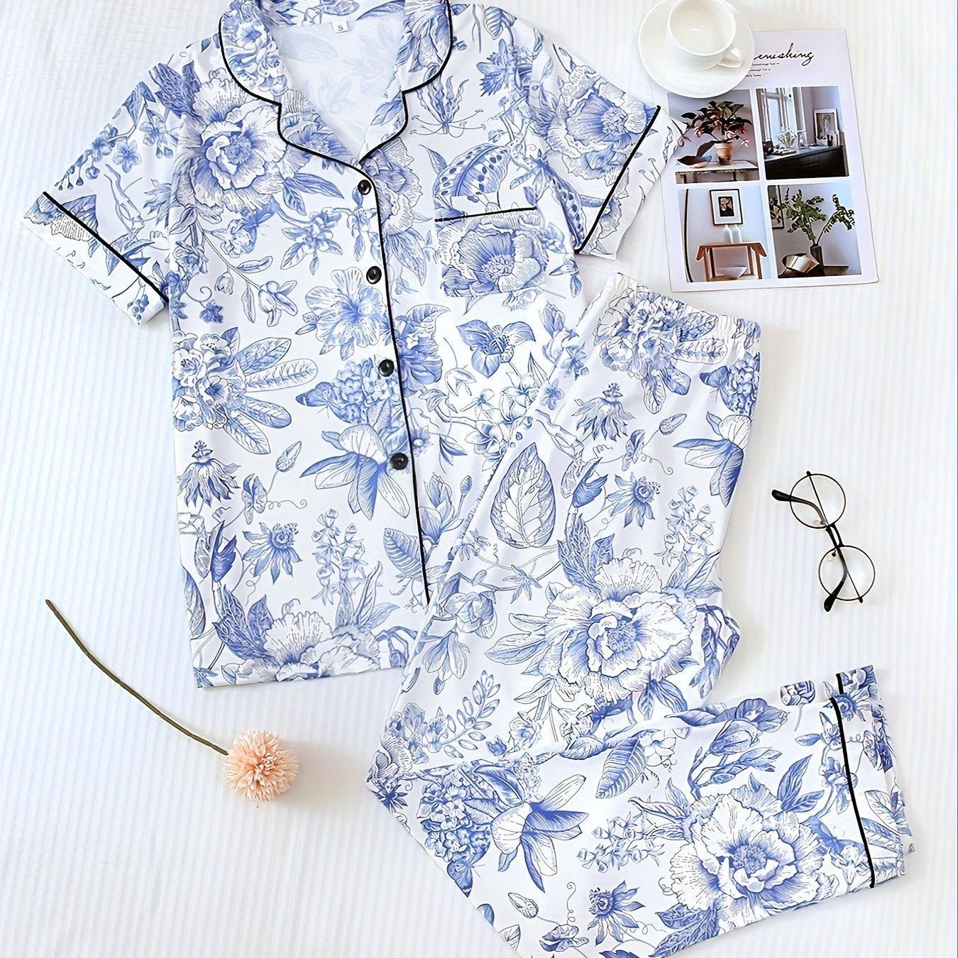 Floral Print Pajama Set Short Sleeve Top & Elastic Waistband Pants