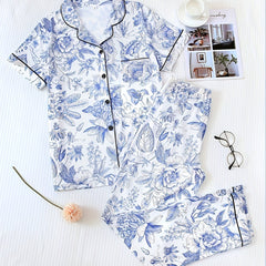 Floral Print Pajama Set Short Sleeve Top & Elastic Waistband Pants