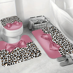 Leopard Bow Shower Curtain Set with Non Slip Bathroom Rug