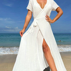 Tie Side Surplice V Neck Short Sleeve Cover Up Dress Solid Boho Maxi