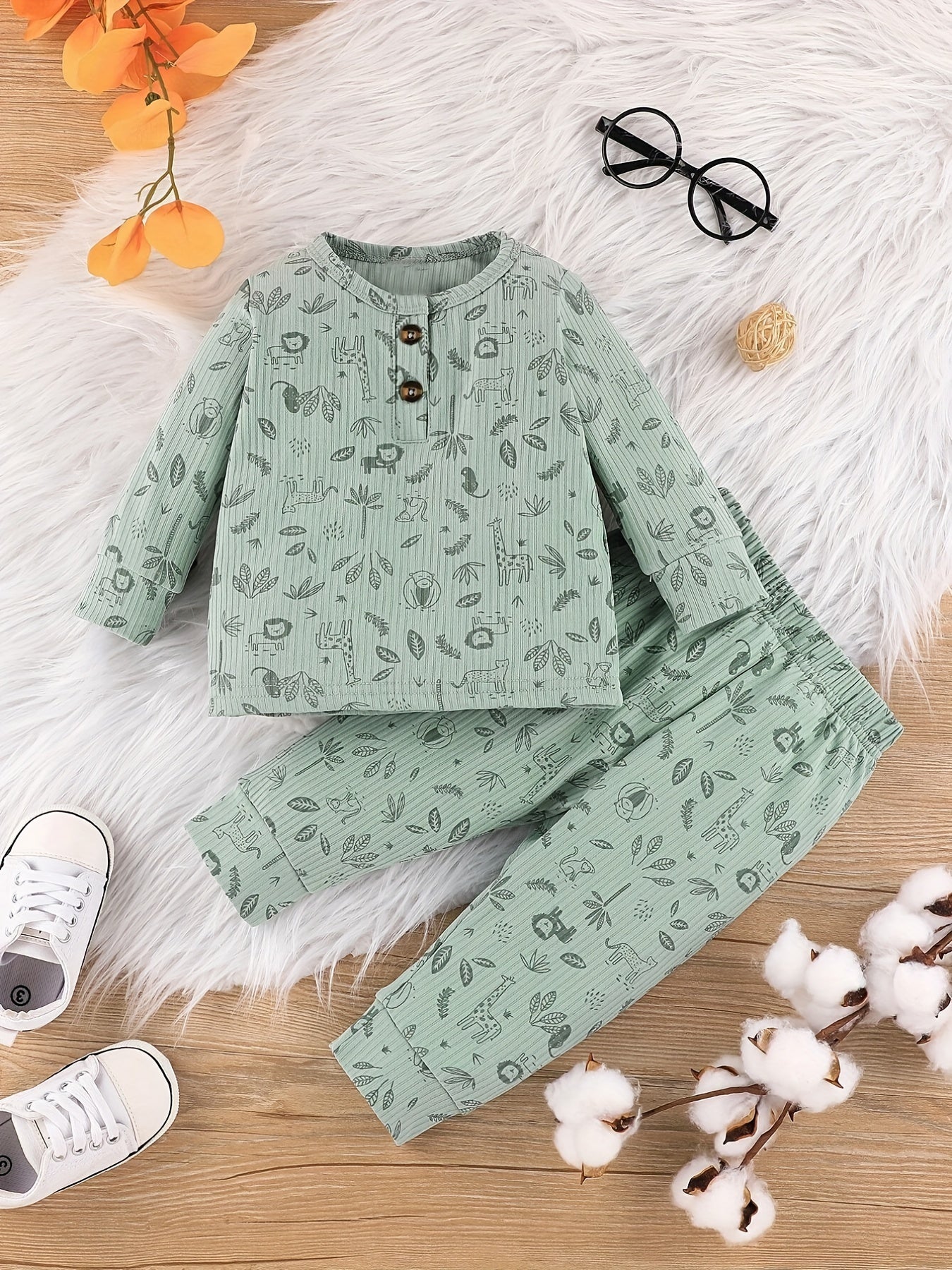 Baby Boys Cartoon Print Top & Trousers 2pcs Round Neck Button Casual Clothes