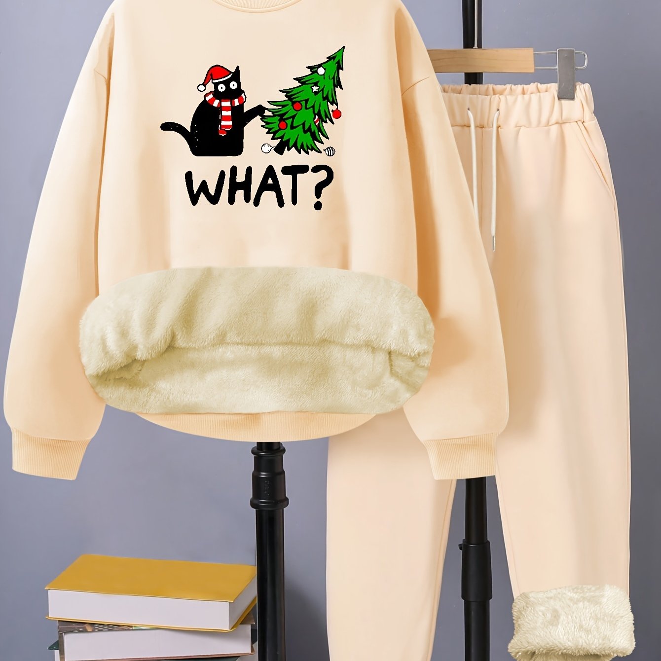 Women's Plus Size Xmas Letter Cat Tree Print Fleece Liner Top & Pants Set