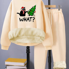 Women's Plus Size Xmas Letter Cat Tree Print Fleece Liner Top & Pants Set