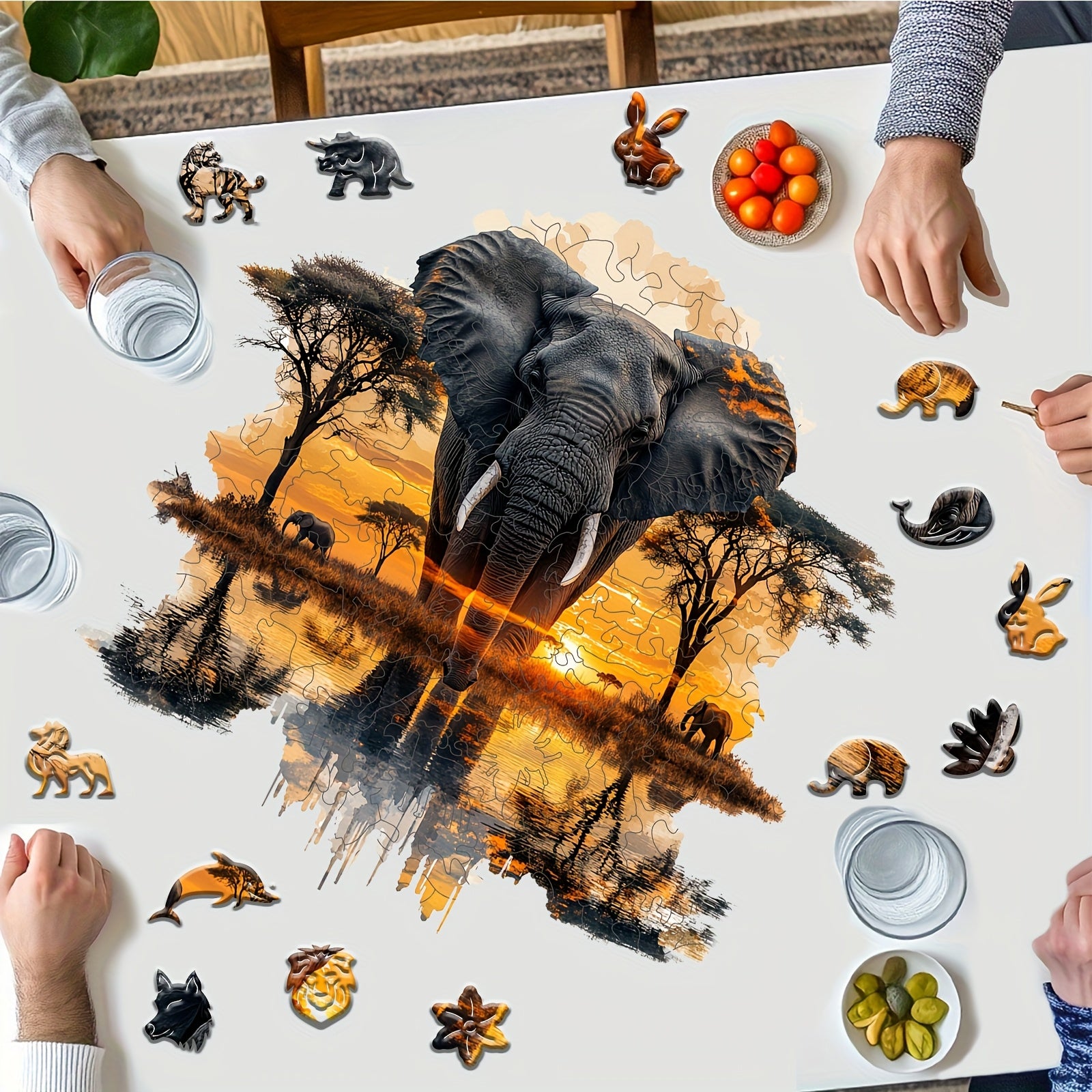 Elephant Forest Wooden Jigsaw Puzzle Vibrant Sunset Unique Animal Shapes