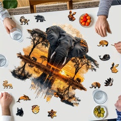 Elephant Forest Wooden Jigsaw Puzzle Vibrant Sunset Unique Animal Shapes