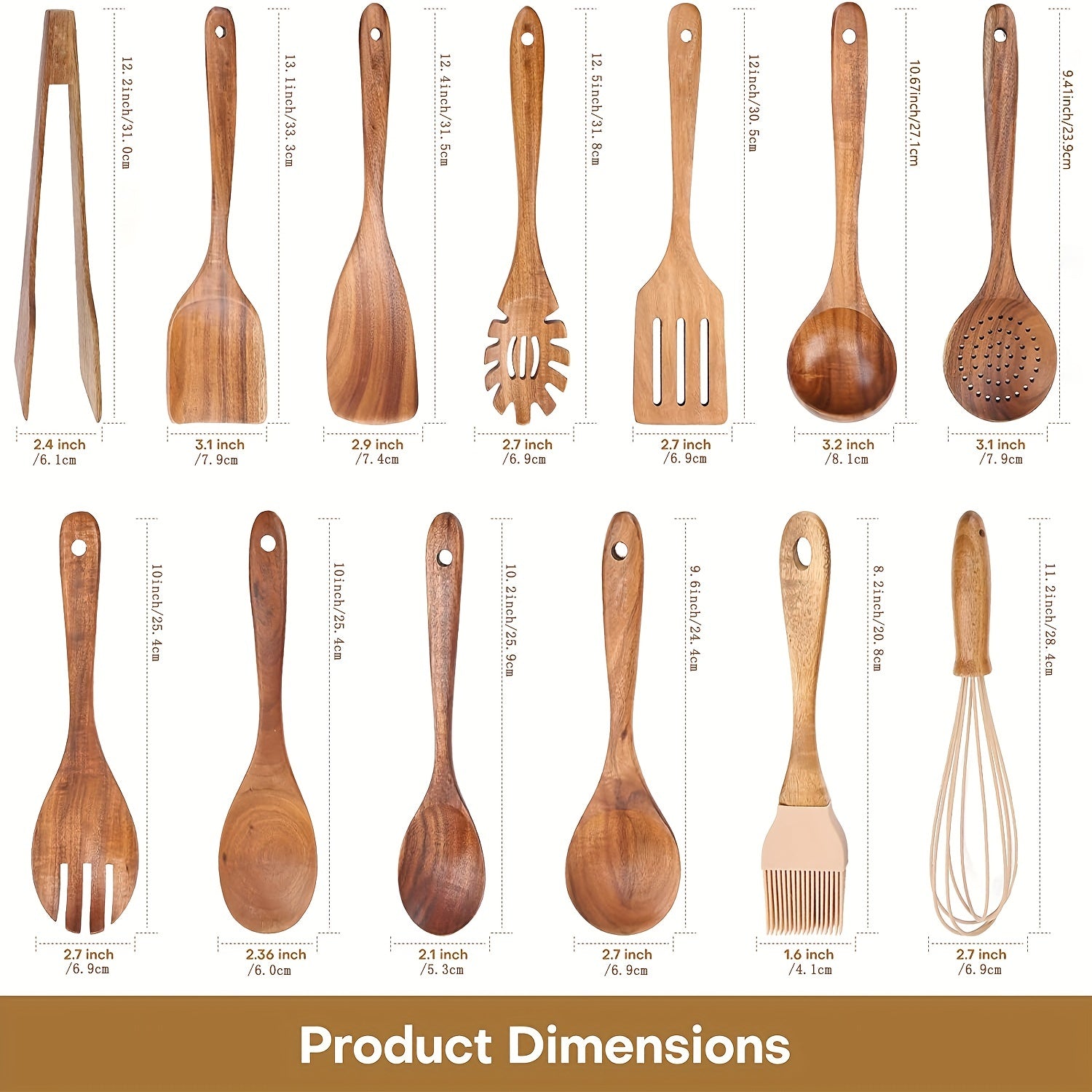 13pcs Teak Wood Kitchen Utensils Set with Spoon Rest Tong Whisk
