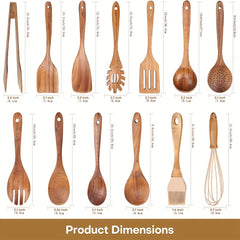 13pcs Teak Wood Kitchen Utensils Set with Spoon Rest Tong Whisk