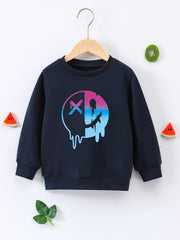 Colorful Smile Face Print Boys Casual Pullover Sweatshirt Crew Neck Tops