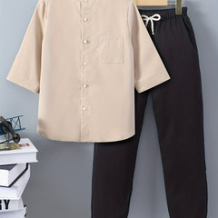 2pcs Boys Soild Casual Long Sleeve Shirt&Pants Sets