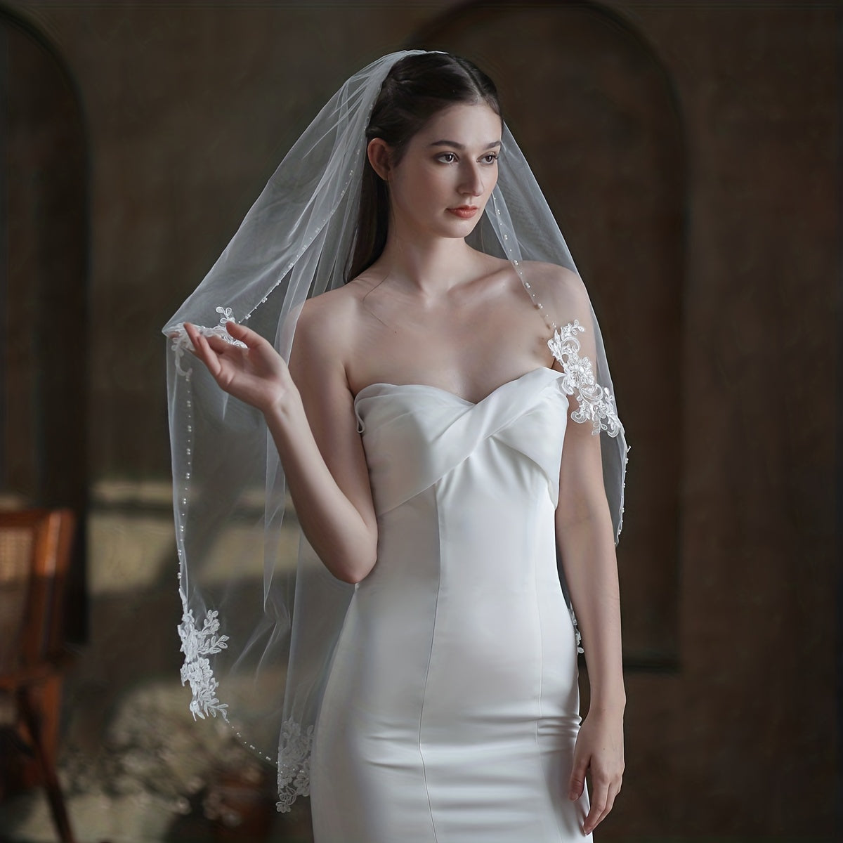 Beaded Wedding Veil 1 Layer Bridal Travel Photography Headdress