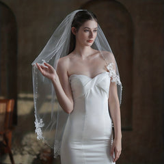 Beaded Wedding Veil 1 Layer Bridal Travel Photography Headdress
