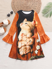 Girls Lovely Kitty Graphic Flare Sleeve Dress