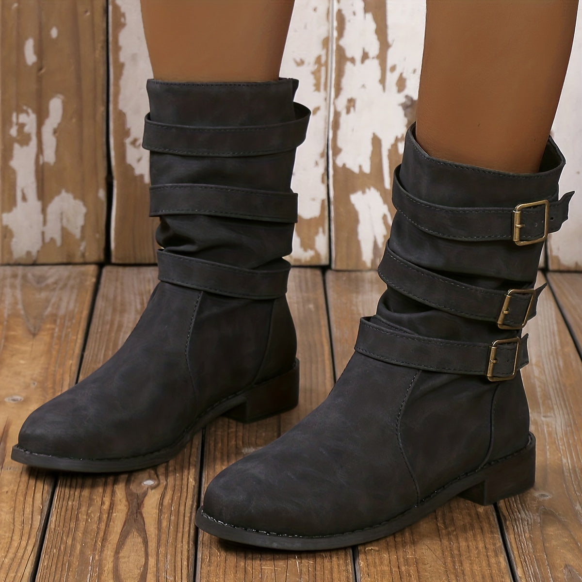 Chunky Heel Dress Boots with Buckle Strap - Women's