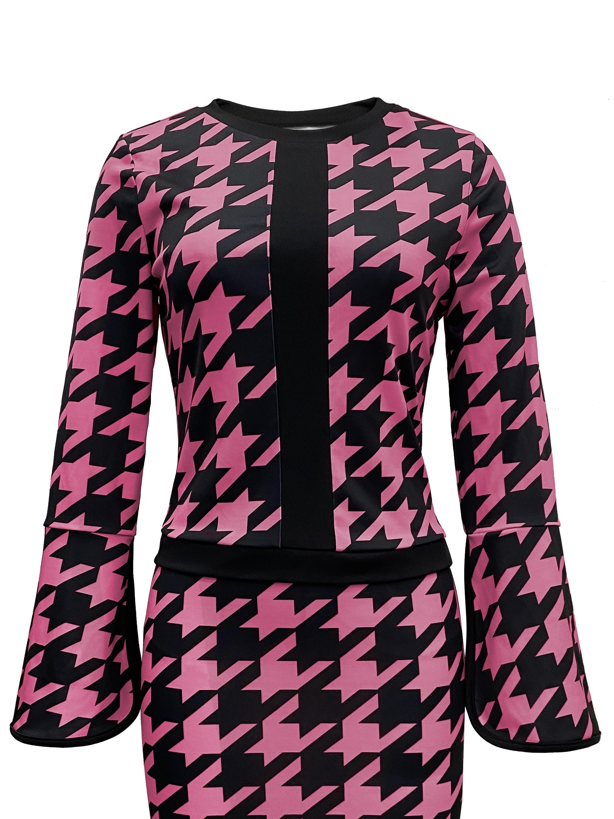 Houndstooth Print 2pc Set Split Sleeve Tops & Bag Hip Skirts