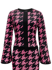 Houndstooth Print 2pc Set Split Sleeve Tops & Bag Hip Skirts