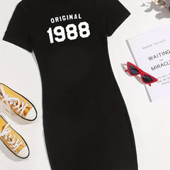 Letter Print Bodycon Dress Casual Crew Round Neck Short Sleeve Dress
