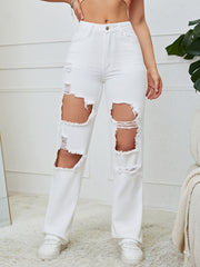 Distressed Wide Leg Denim Pants High Waist Slash Pockets Jeans