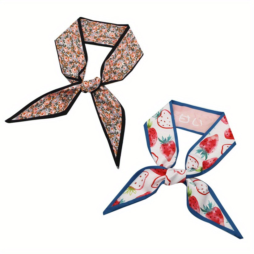 2pcs Floral & Strawberry Skinny Scarf Ribbon Neckerchief Twilly Scarf