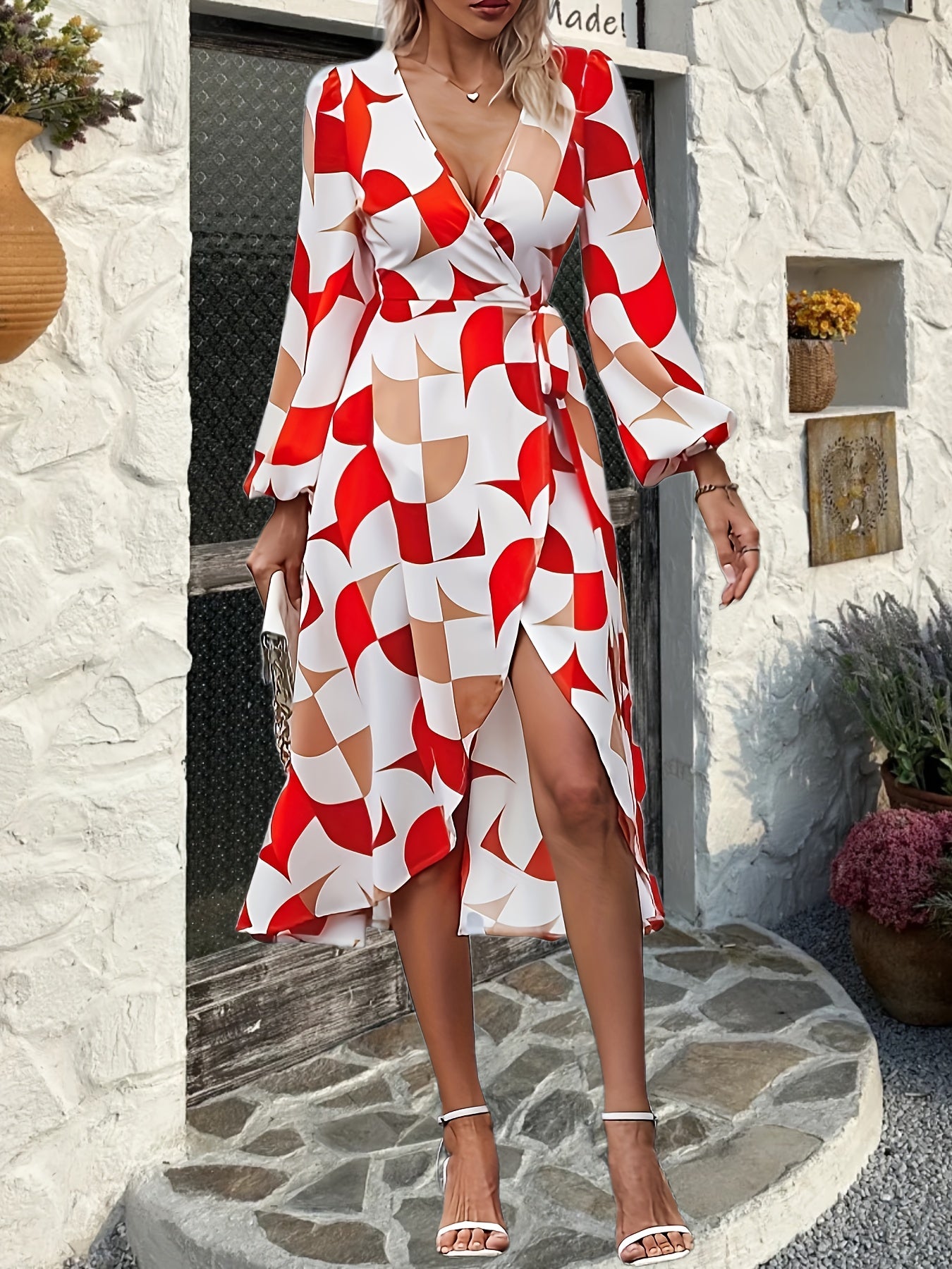 Geo Print Wrap Dress Lantern Long Sleeve Dress Women's Clothing