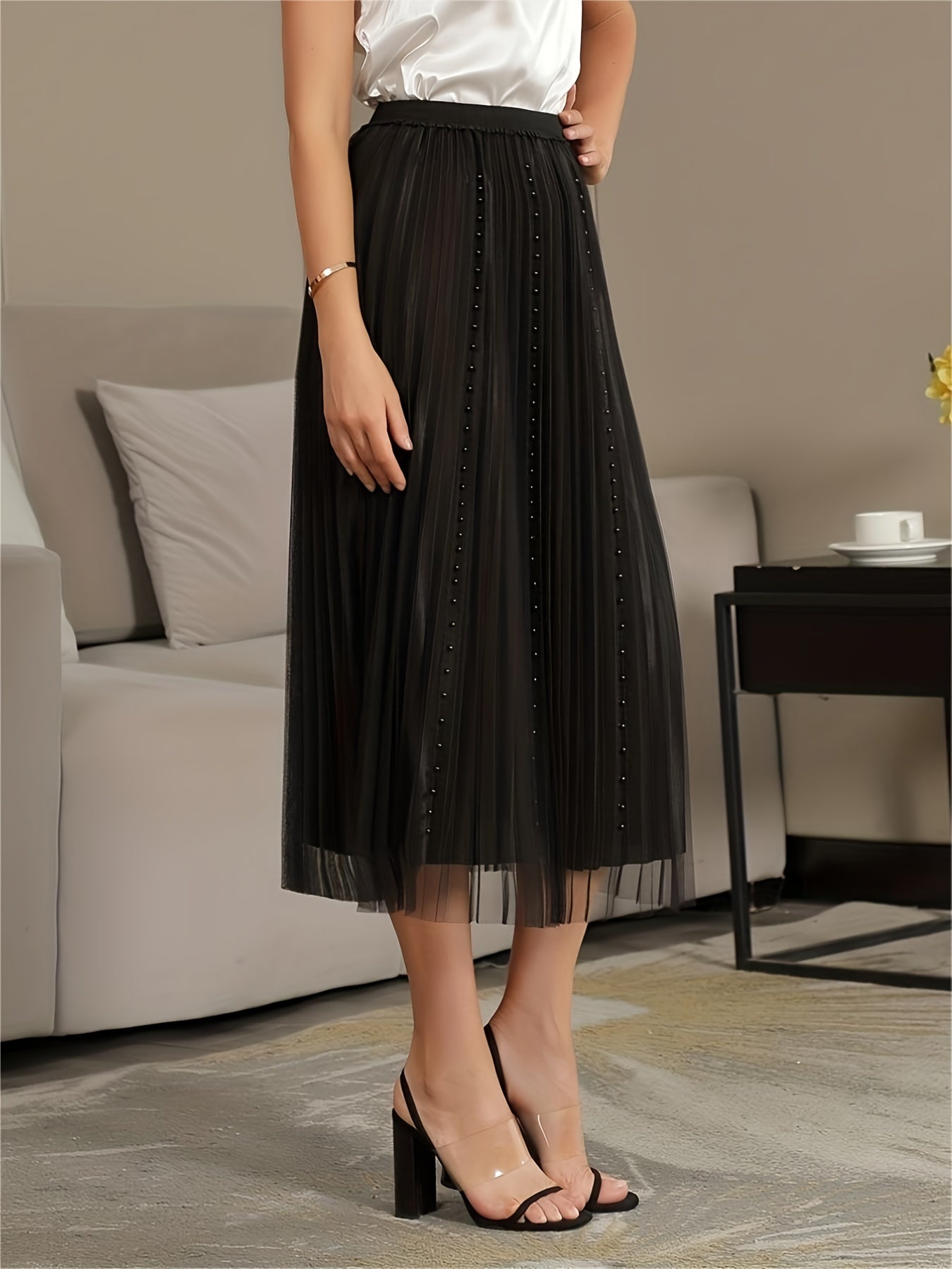 Beaded Mesh A Line High Waist Skirt Solid Pleated Women's Clothing