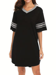 Striped Short Sleeve Lounge Dress Soft & Comfy V Neck Home Dress Women's Lounge